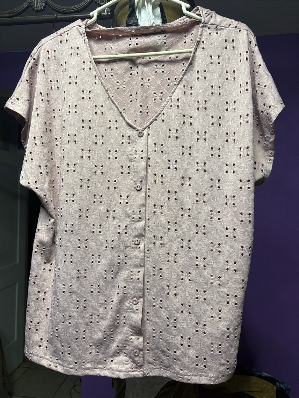SHEIN Light Pink Eyelet Button-Front Blouse